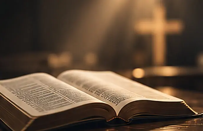 Biblia abierta frente a una cruz iluminada